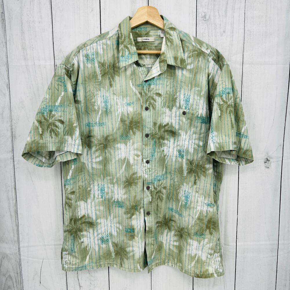 VINTAGE 90s Moda Campia Moda XL Green Palm Aloha Dad Shirt Button Up